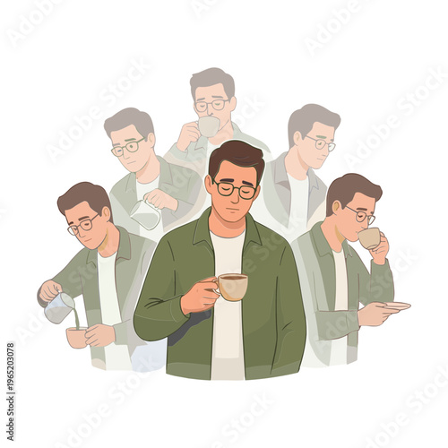 Man in green jacket enjoys coffee in various relaxed poses with multiple duplicates