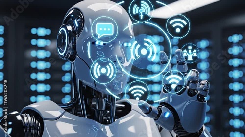 Intelligent Innovation: A futuristic robot interacts with virtual icons symbolizing wireless technology and digital communication, set against a server room environment.