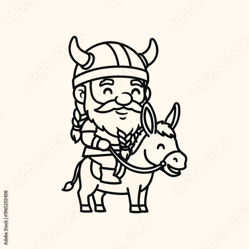 A cartoonish depiction shows a bearded figure in a horned helmet riding a donkey. Both have friendly smiles, drawn in solid black lines