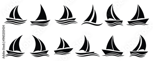 Set of sailboat silhouettes on waves, Nautical icons, Sailing symbols