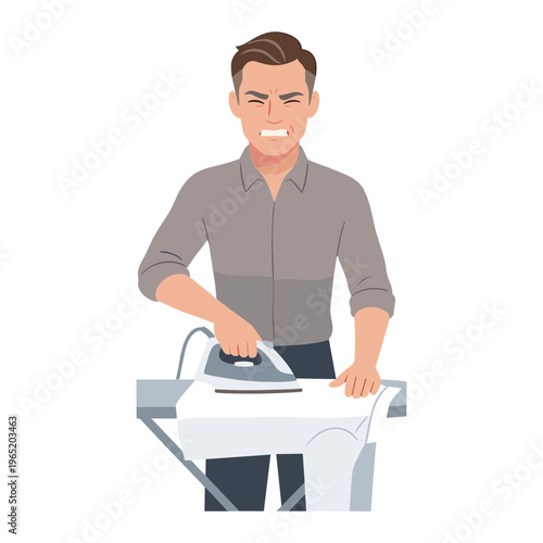 Man ironing clothes with a happy Expression on his face at home