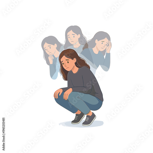A young woman crouches in distress with multiple expressions of sadness around her.