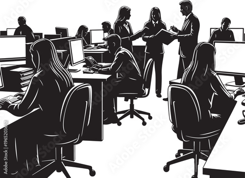 Flat Design Team Collaboration in Modern Office with Computers and Handshakes