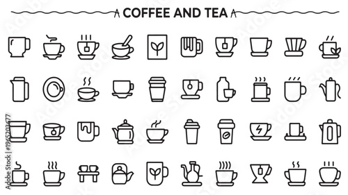 Coffee Tea Cup Line Icons Set, Black Outline Beverage Mug Pot Symbols Isolated on White