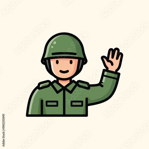 A cartoon soldier is featured in a simple illustration. He wears a green helmet and uniform, and is waving with a friendly smile