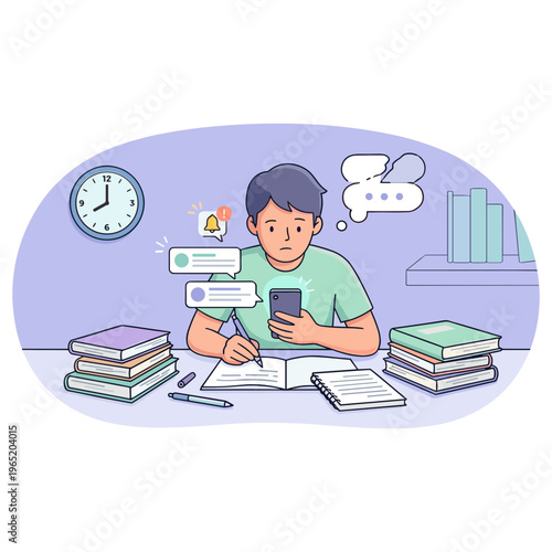 A man studies intently at a desk cluttered with books and uses his phone.