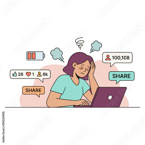 Woman overwhelmed by social media notifications on her laptop