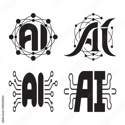 Artificial Intelligence AI Typography Logo Set with Circuit Technology Design Vector Illustration