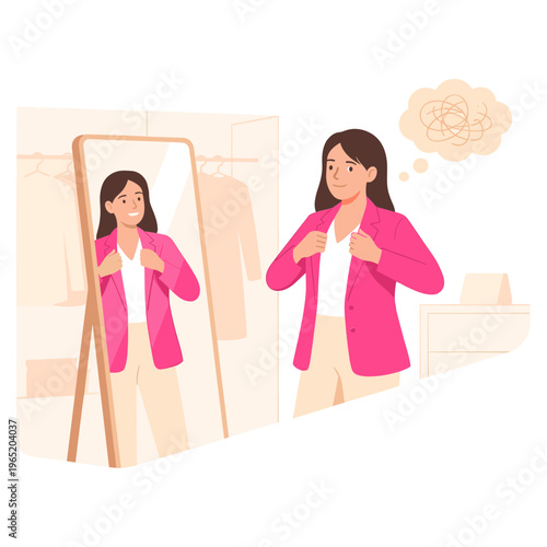 Woman trying on pink blazer in front of mirror with thought bubble