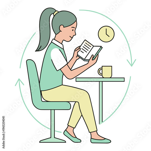 Woman sits at table reading book with clock and coffee nearby