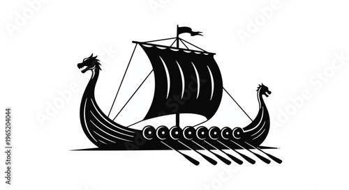 Viking longship with oars and a large sail is depicted in a black and white historical.