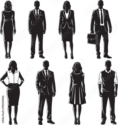 Flat Design Business Team Silhouettes in Professional Attire Vector Set