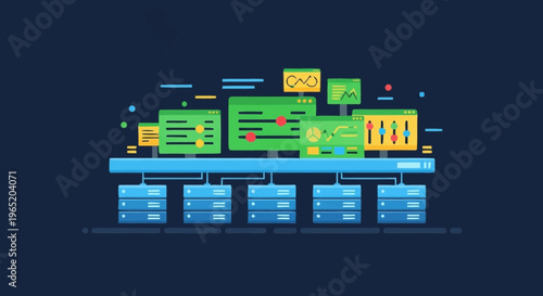 A colorful illustration of a database server with multiple storage units and connections.