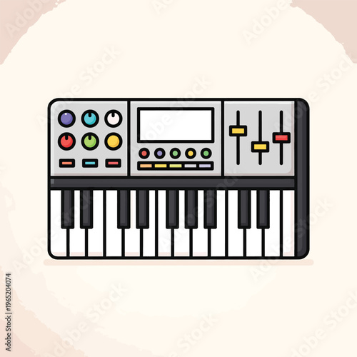 A cartoon-style depiction of a synthesizer, complete with keys, knobs, sliders, and a central display, against a textured backdrop