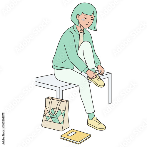 A woman sits on a bench tying her shoe with a bag and book nearby.