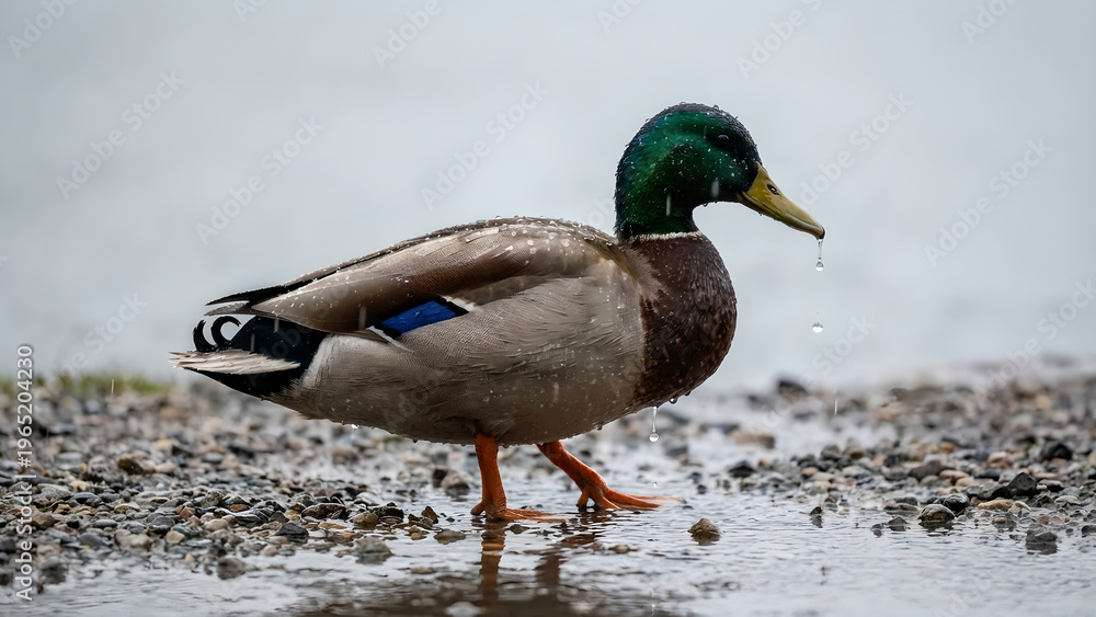 Obraz premium A Rainy Day Duck Wading Through Wet Rocks