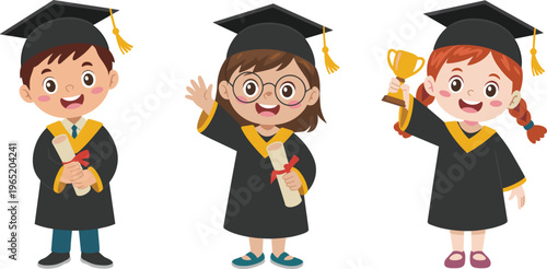 Cute kids graduation set, happy children in caps holding diploma and trophy cartoon vector illustration