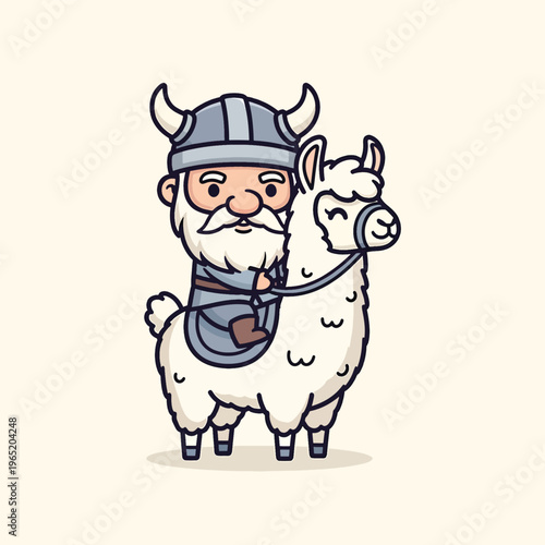 A cartoonish depiction shows a Viking wearing a horned helmet and armor riding a llama. The character has a long beard and a friendly expression