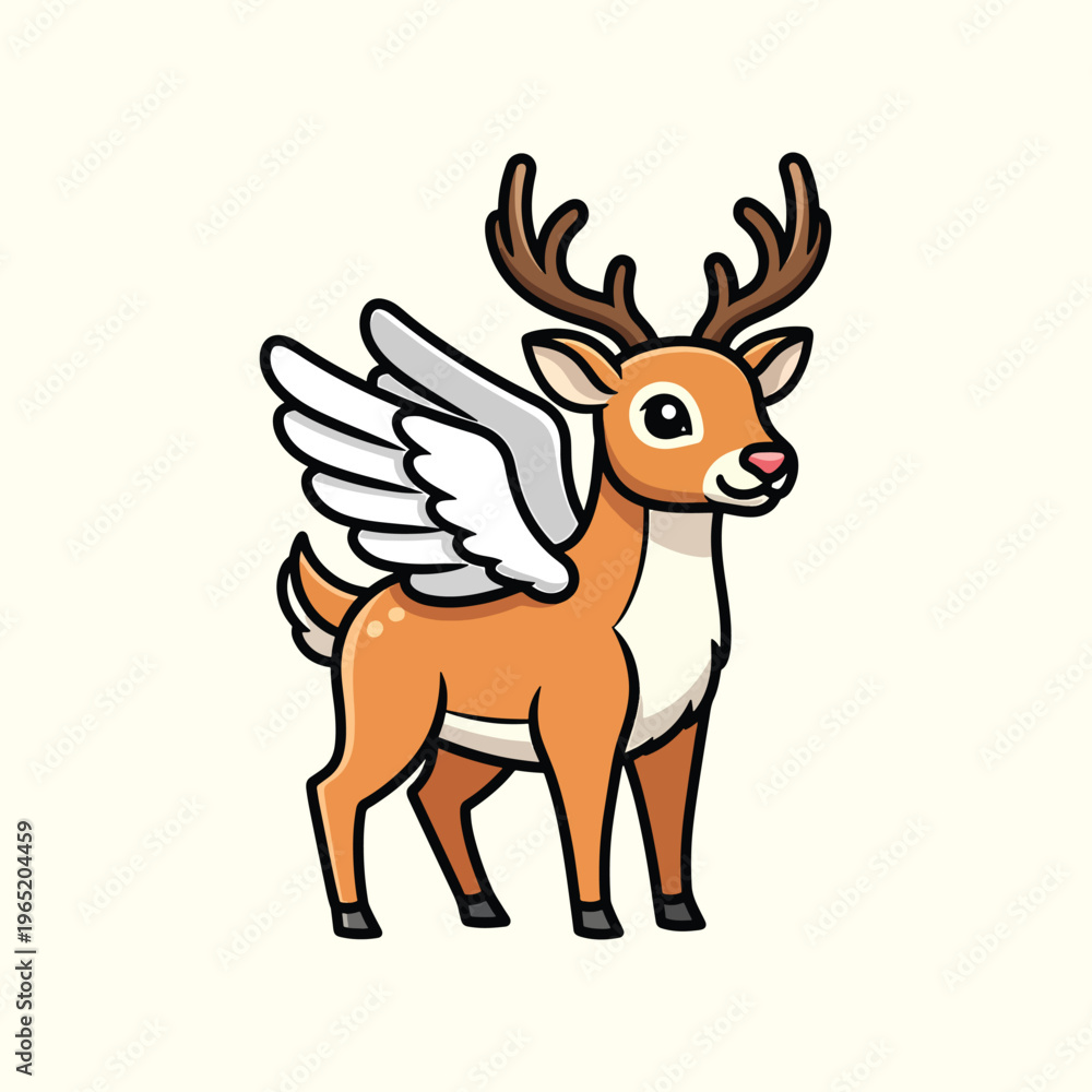 Obraz premium A cartoon-style illustration of a deer with wings, featuring a brown body, antlers, and white wings. The background is cream-colored