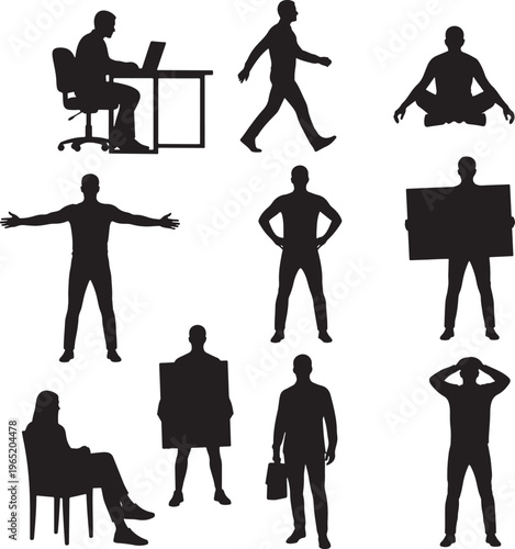 Flat Design Vector Illustrations of Diverse Workplace Postures and Activities