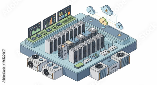 Isometric illustration of a data center with servers and computer equipment.