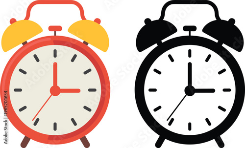 Alarm clock icons set, classic ringing bell timepiece flat and silhouette vector illustration isolated design