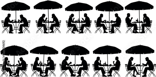 Black Silhouette Vector Set of People Sitting at Outdoor Cafe Tables with Umbrellas for Summer Dining and Restaurant Terrace Concepts