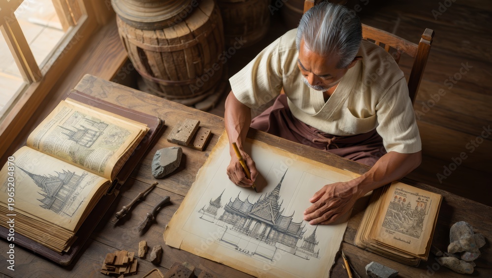 Naklejka premium Elderly Architect Drafts Ancient Temple Design