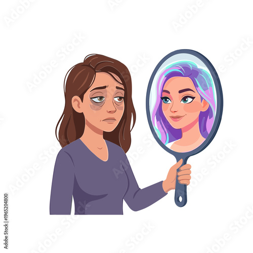 Woman looks at her reflection in a handheld mirror with concern