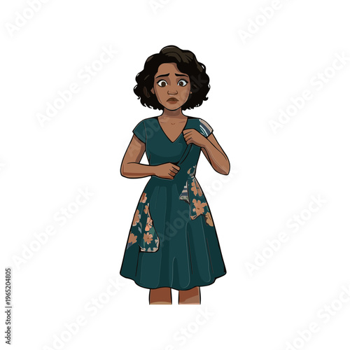 A cartoon woman in a green dress with floral patterns looks surprised standing indoors.