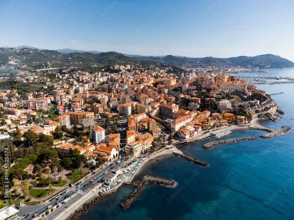 Fototapeta premium Italy, Italian Riviera, coastal, town, village, Mediterranean, sea, ocean, aerial, drone, landscape, architecture, colorful, houses, rooftops, harbor, marina, scenic, photography, travel, tourism, pic