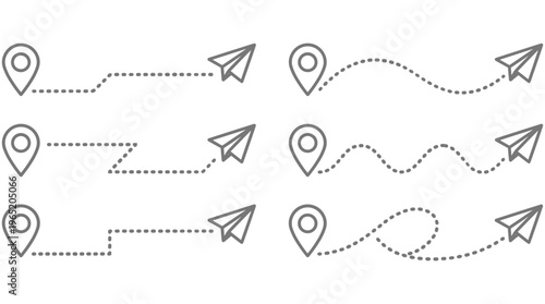 Vector icons of location pins and paper airplanes on white background for travel and navigation concepts