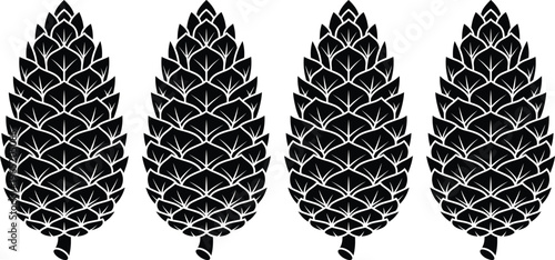 Set of four black pine cone silhouettes featuring detailed geometric scales for evergreen forest nature decoration winter holiday themes and botanical autumn season