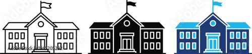 Academic institution icon showing university building with professional flag for education. Professional illustration for campus facilities, higher education degree programs, school administration.