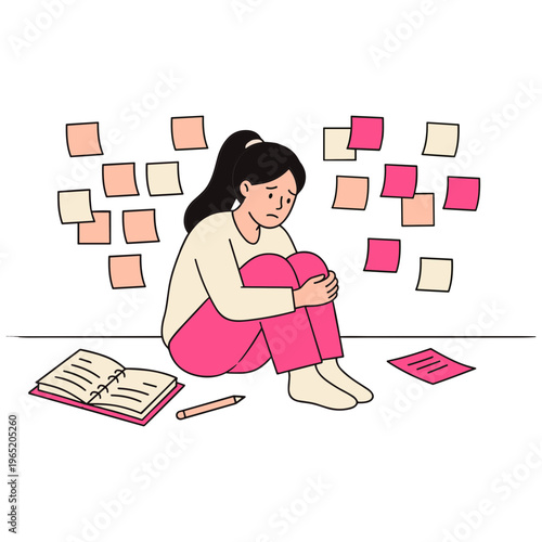A woman sits on floor surrounded by notes and book feeling overwhelmed