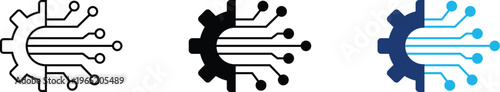 Digital automation icon showing mechanical gear with professional circuit board integration. Professional illustration for artificial intelligence systems, and smart manufacturing processes.