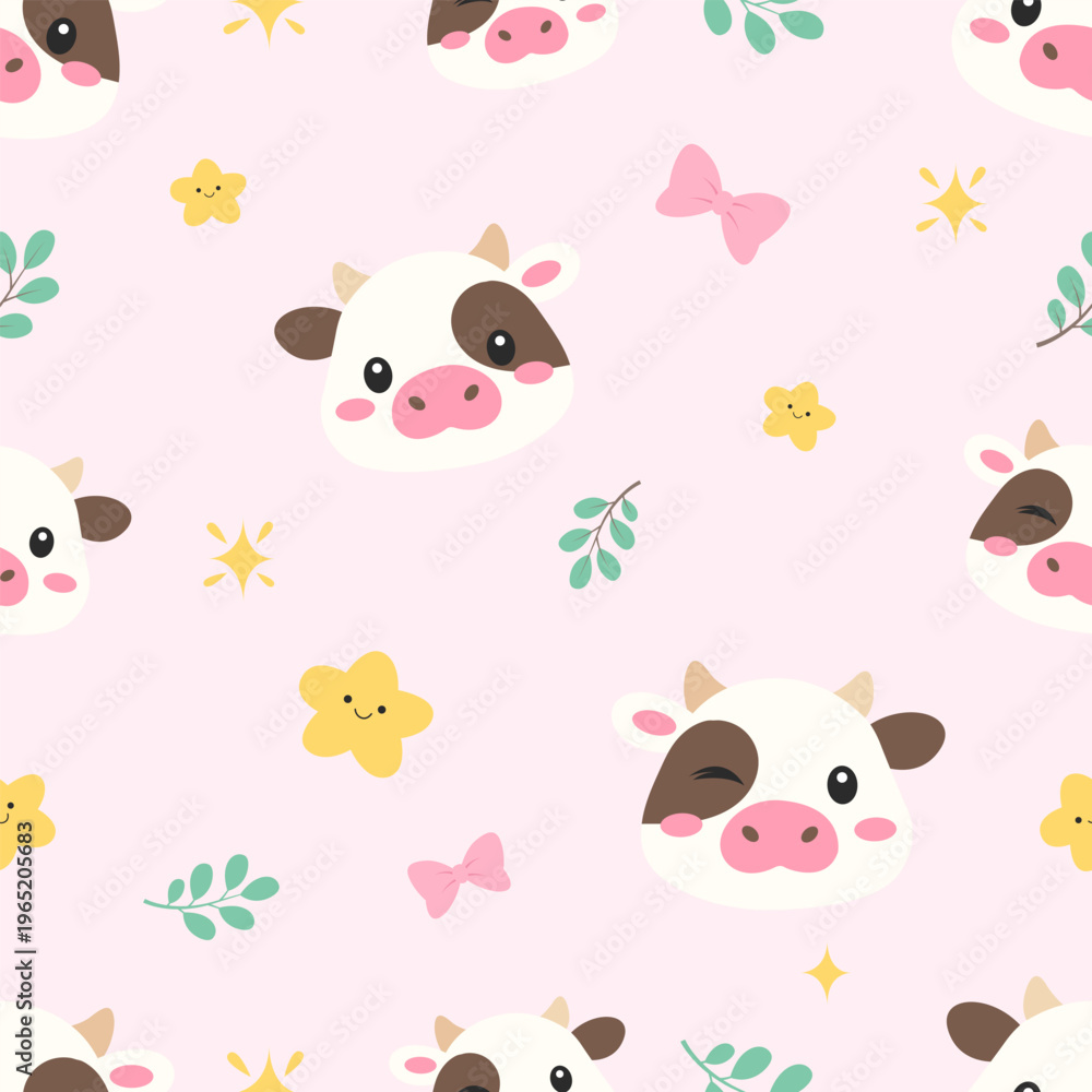 Obraz premium Seamless Cute Cow Pattern with Stars and Leaves Cartoon Vector Illustration