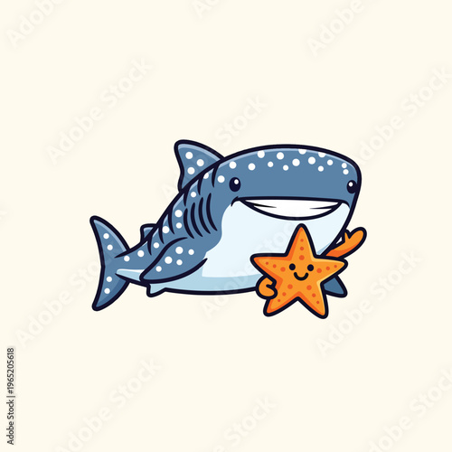 A cartoon-style illustration of a happy blue shark with white spots, smiling at a cheerful orange starfish, on a beige background