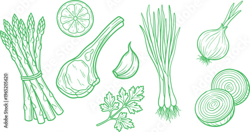 Hand-drawn sketch of fresh ingredients: asparagus, pork chop, lemon, garlic, herbs, onion
