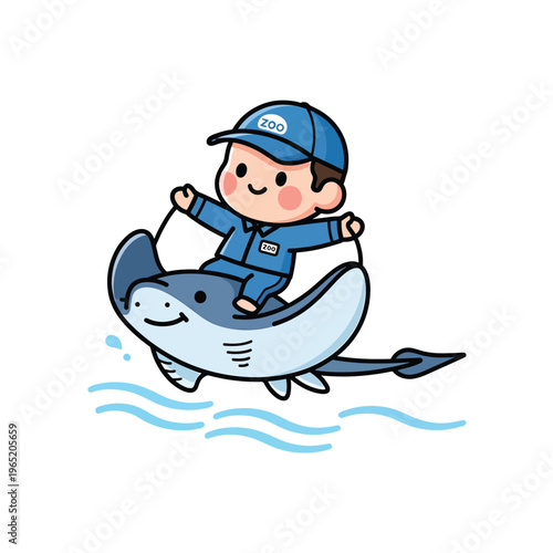 A cartoon zookeeper in a blue uniform rides a smiling ray in water. They are facing forward, holding strings connected to the ray, enjoying their adventure