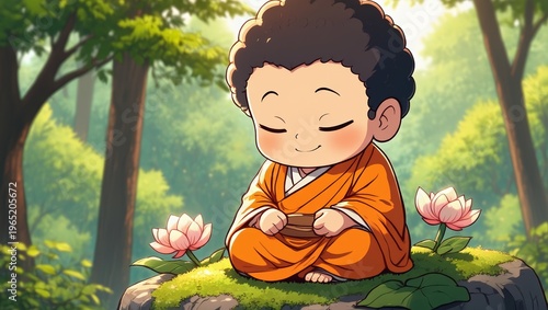 Charming Buddhist Monk Meditating in a Peaceful Forest Setting
