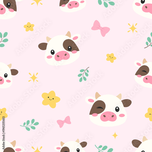 Seamless Cute Cow Pattern with Stars and Leaves Cartoon Vector Illustration