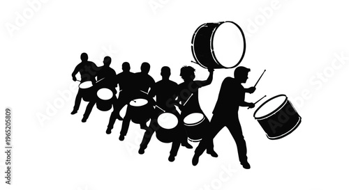 Drummers perform in a rhythmic procession, playing various percussion instruments with.