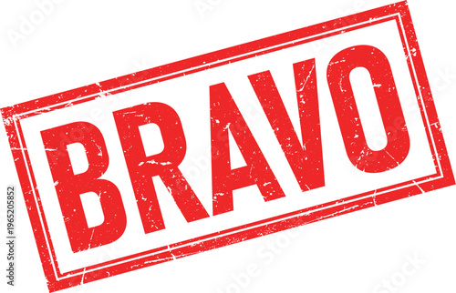 Distressed Red Ink Stamp Impression of the Word BRAVO in a Square Frame