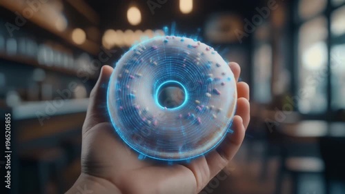Close Up of Person Holding Futuristic Blue Glowing Hologram Donut with Digital Particles.