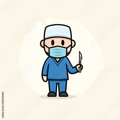 A cartoon-style illustration of a doctor or surgeon in scrubs, a mask, and a cap, holding a surgical scalpel. It is against a neutral textured background