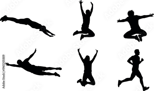 Silhouettes of People Jumping Running and Diving in Air Collection for Success Victory Freedom and Active Healthy Lifestyle Concepts