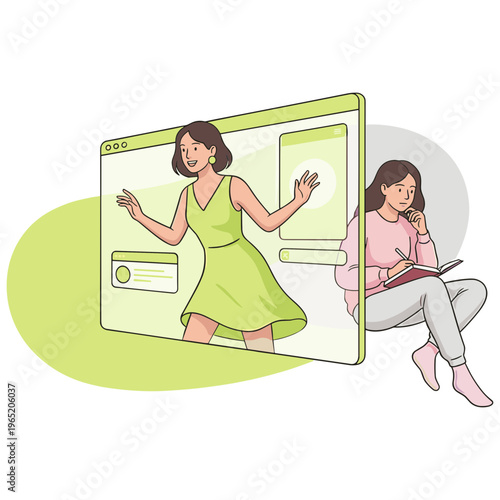A woman appears on a large computer screen while another woman sits beside it.