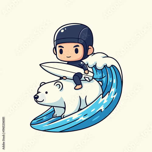 A cartoon surfer in a wetsuit, rides a polar bear on a surfboard across a large stylized wave, creating a playful, aquatic scene