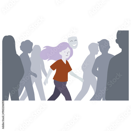 A woman walks through a group of people with a theatrical mask